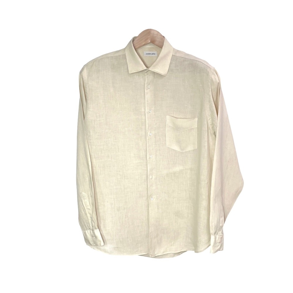 Alberto Aspesi Mens Cream 100% Linen Long Sleeve Button Down Shirt Italy 16.5 36